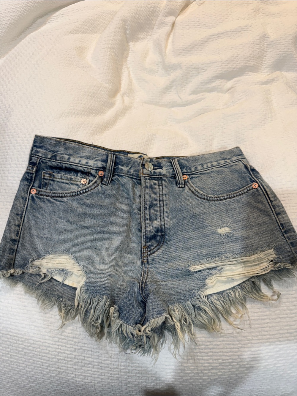 We The Free Frayed Hem Distressed Denim Shorts - Light Blue